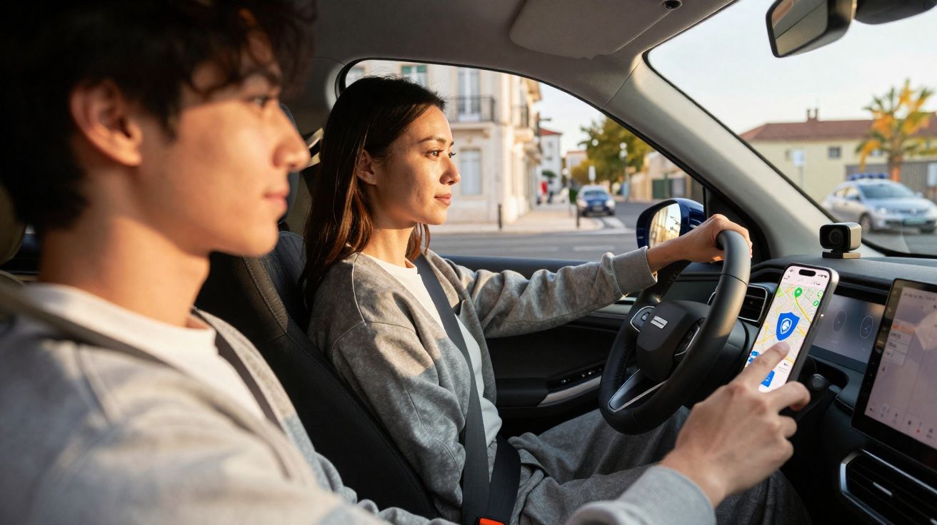 Mulher dirigindo carro com homem no banco do passageiro usando aplicativo de navegação no celular.