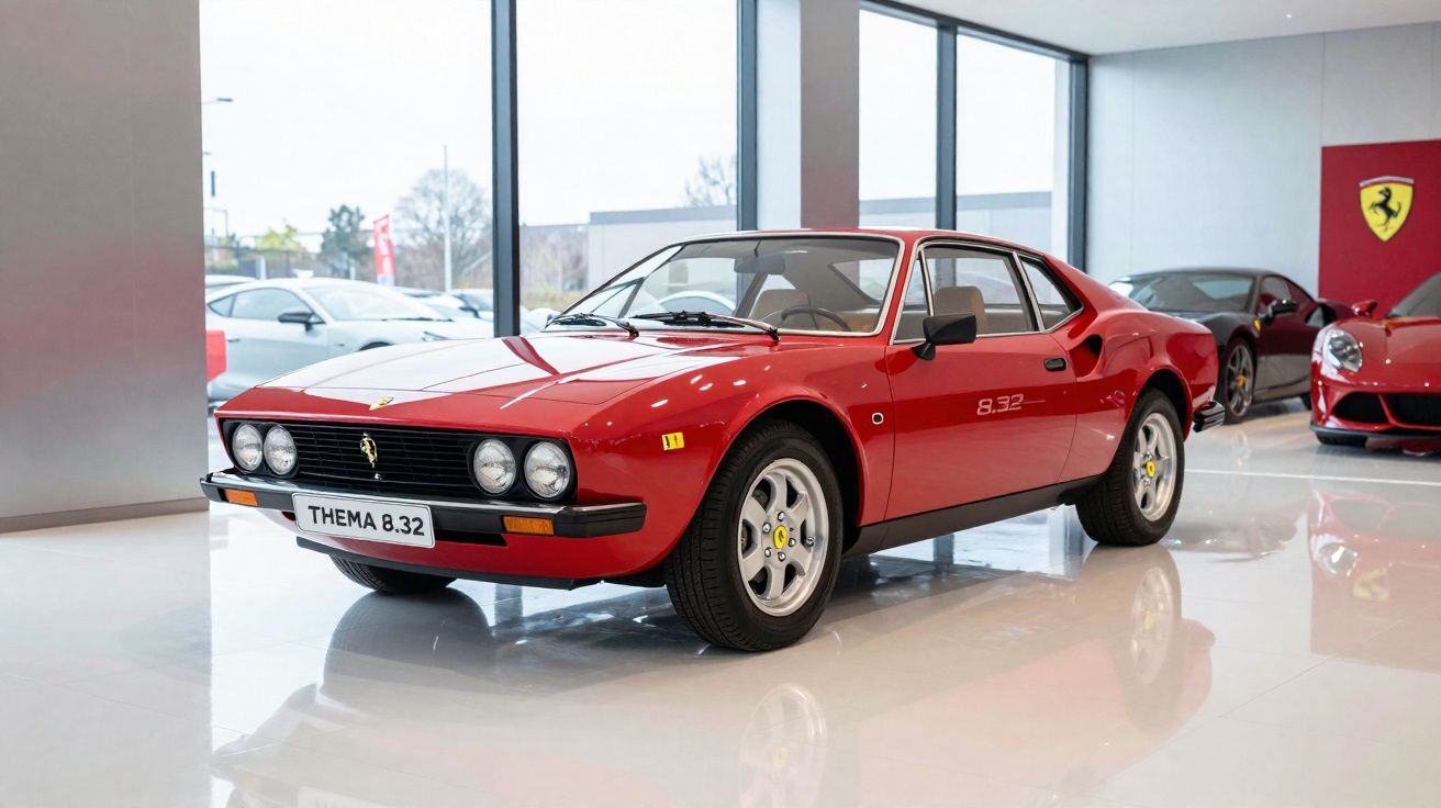 Carro esportivo clássico vermelho Ferrari Thema 8.32 em exposição dentro de showroom moderno.