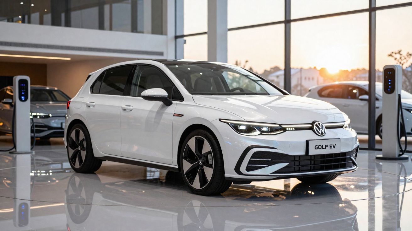 Carro elétrico branco Volkswagen Golf EV exibido em showroom moderno com carregadores ao fundo.