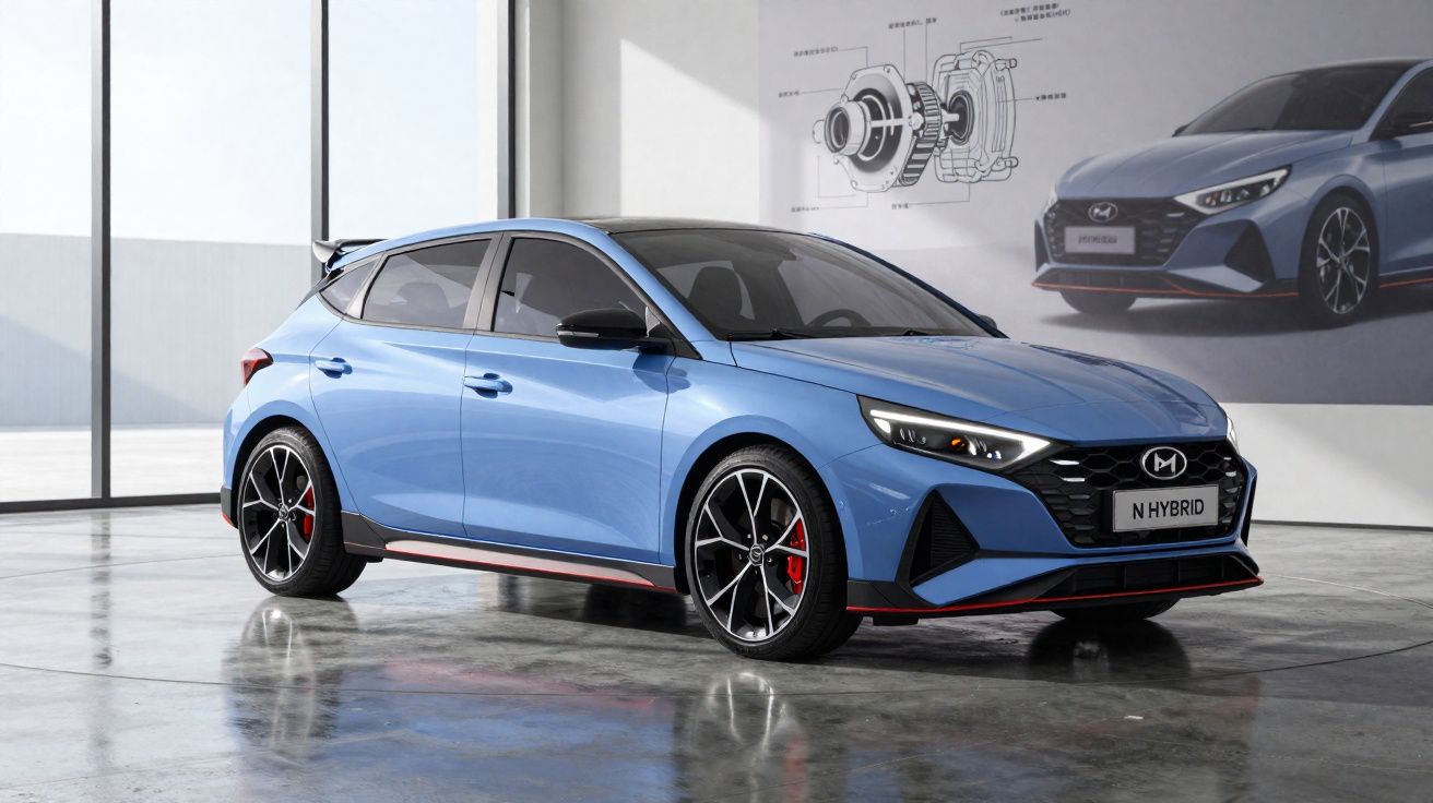 Carro hatchback azul metálico híbrido em showroom com detalhe em rodas pretas e pinças de freio vermelhas.