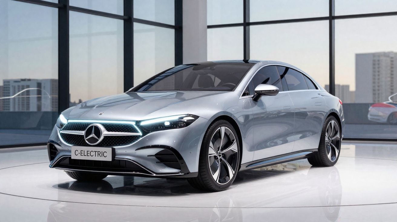 Carro elétrico Mercedes-Benz prata em exposição moderna com luzes de LED acesas.