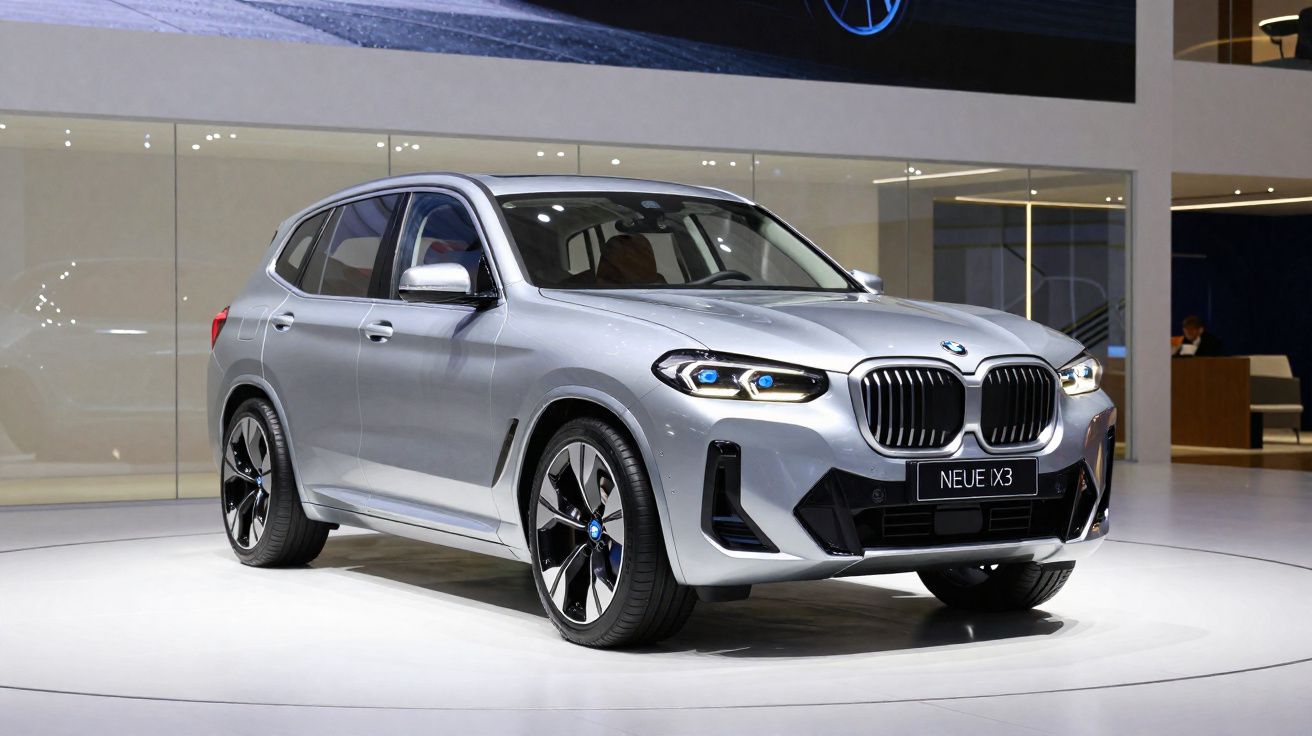 BMW X3 prata exibido em salão automotivo com design moderno e faróis acesos.