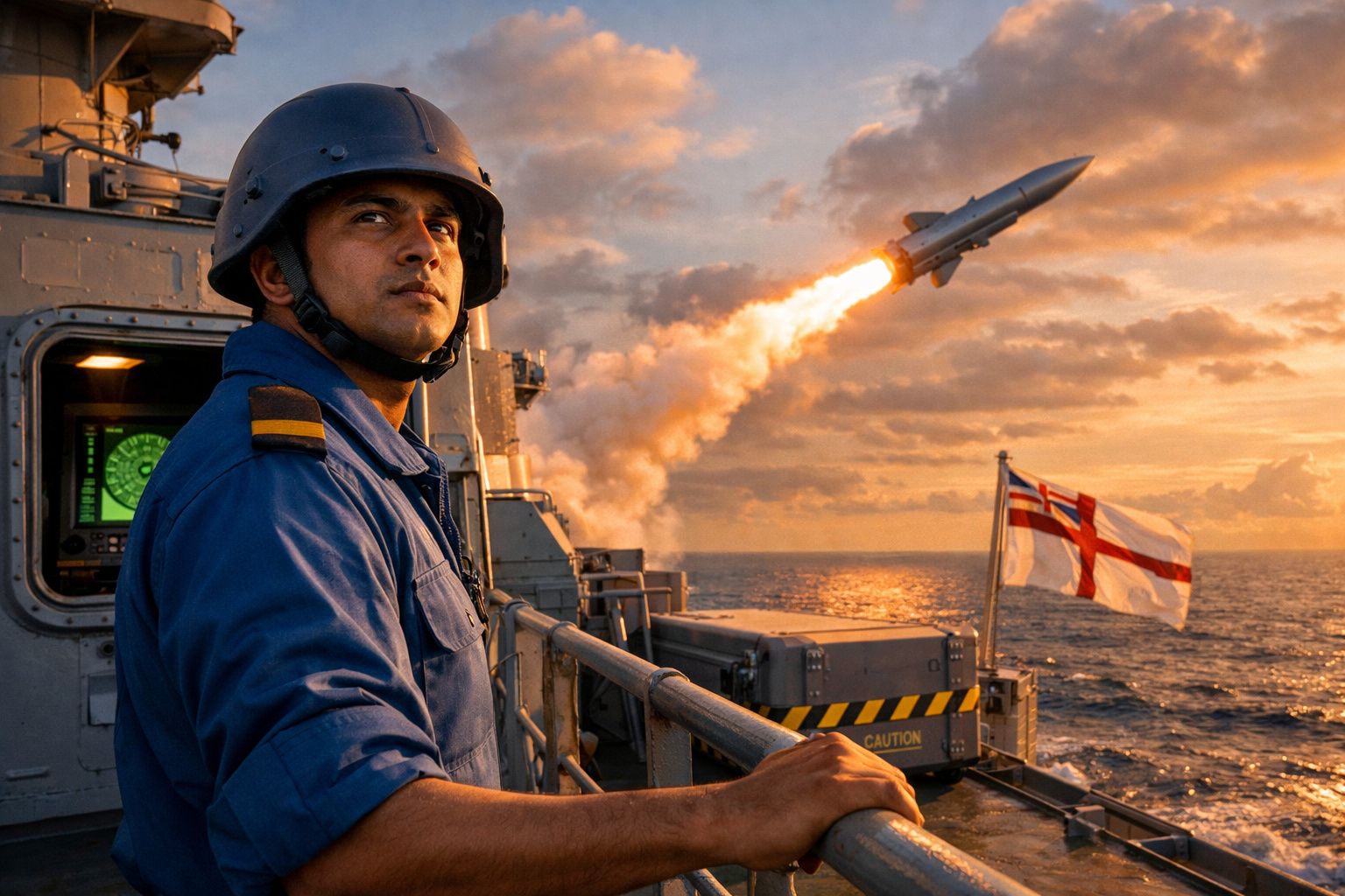 Marinheiro com capacete observa lançamento de míssil no convés de navio ao pôr do sol.