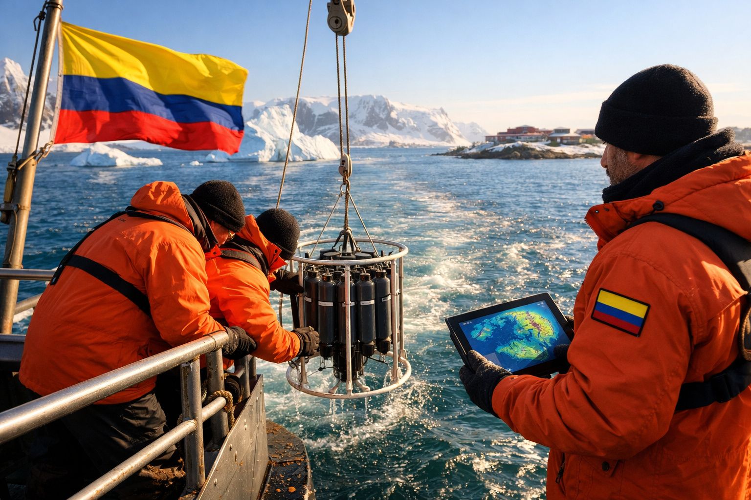 Pesquisadores colombianos em roupas laranja lançam equipamento científico no mar gelado com montanhas ao fundo.