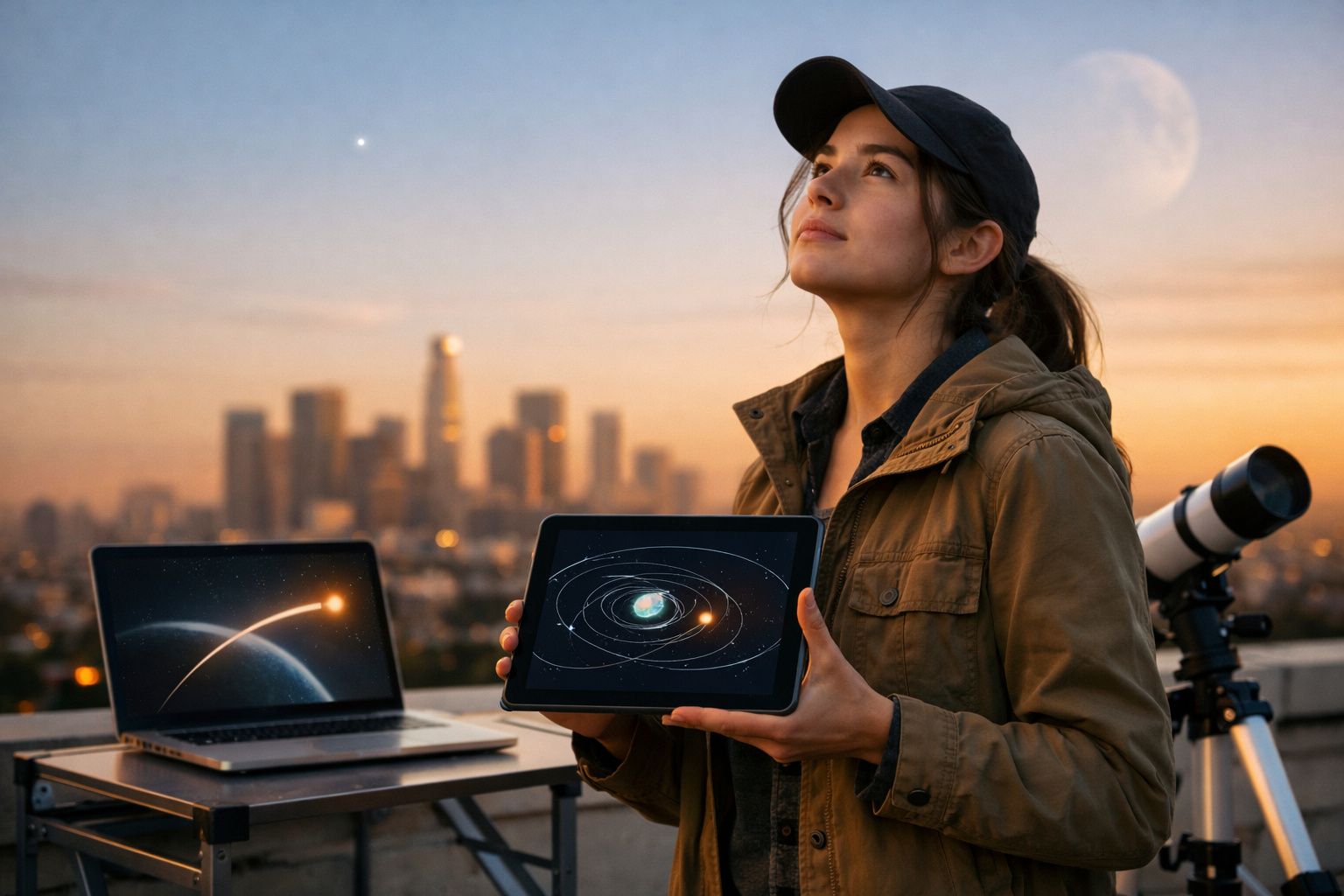 Mulher com boné segura tablet com mapa solar, ao fundo laptop, telescópio e cidade ao entardecer.