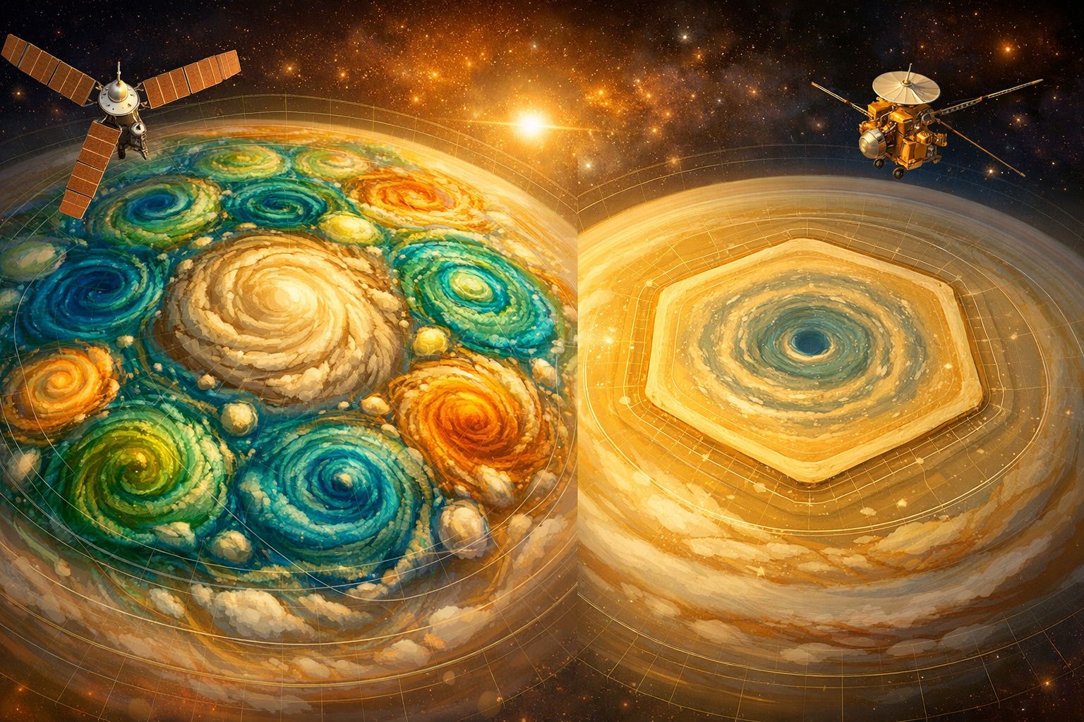 Representação artística dos polos de Júpiter com padrões de redemoinhos coloridos e satélites espaciais.