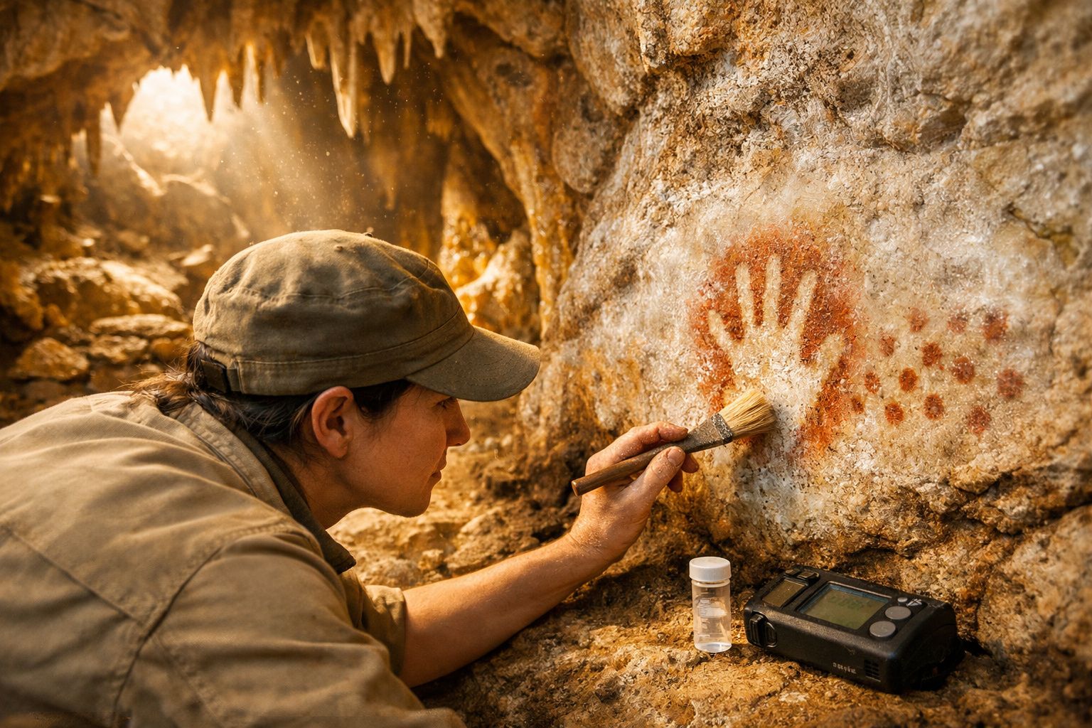 Pesquisadora restaurando pintura rupestre de mão em parede de caverna com pincel e equipamentos ao lado.
