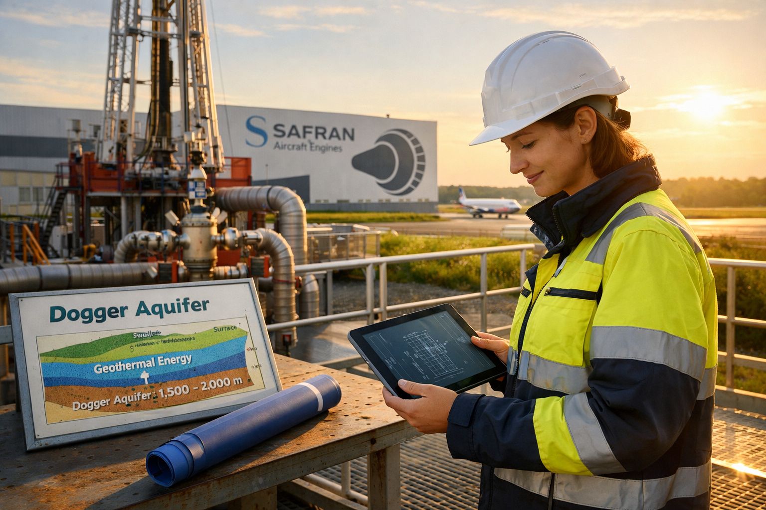 Mulher com capacete e colete refletivo analisa planta em tablet em área industrial ao pôr do sol.