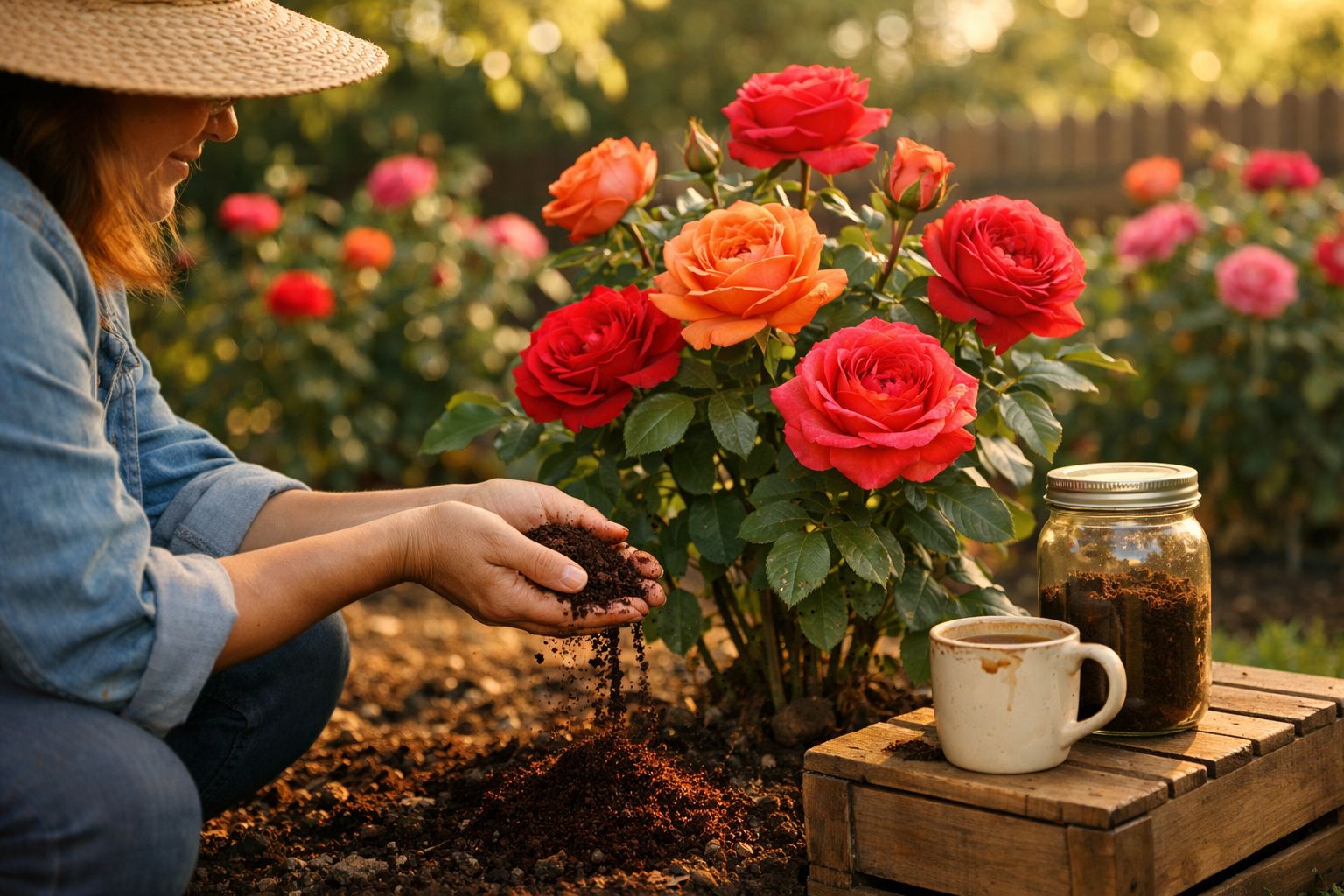 Pessoa com chapéu cuidando de rosas vermelhas e laranja em jardim ensolarado, com café e pote ao lado.