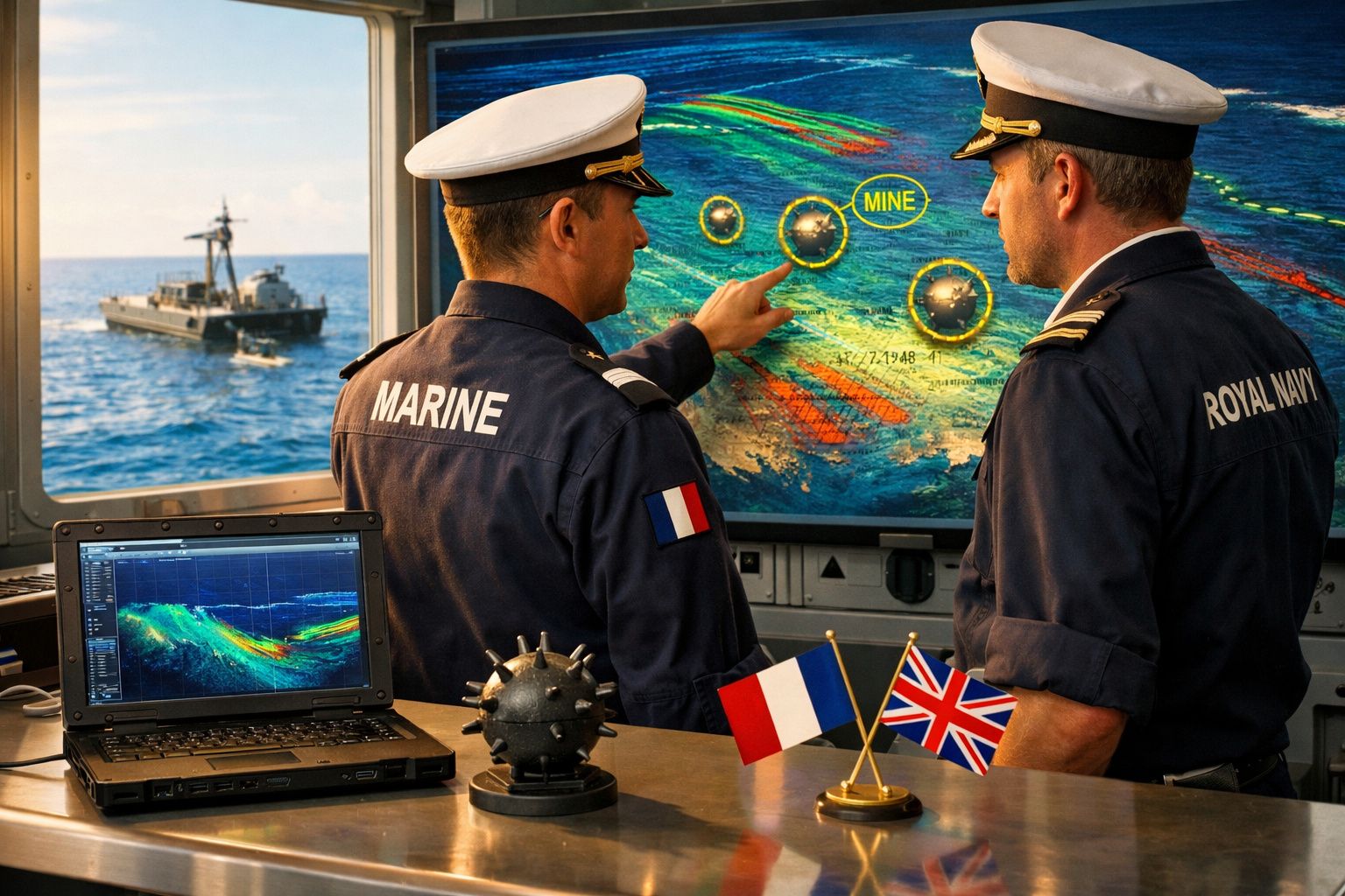 Dois oficiais navais, um francês e um britânico, analisam mapas digitais táticos com indicação de minas marítimas.