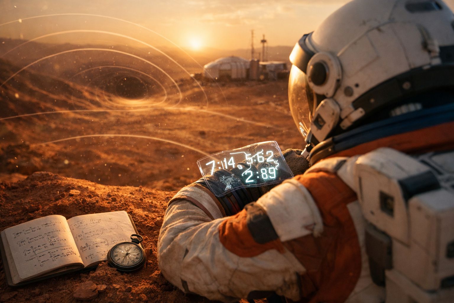 Astronauta em planeta árido com dispositivo holográfico, livro aberto e relógio de bolso ao pôr do sol.