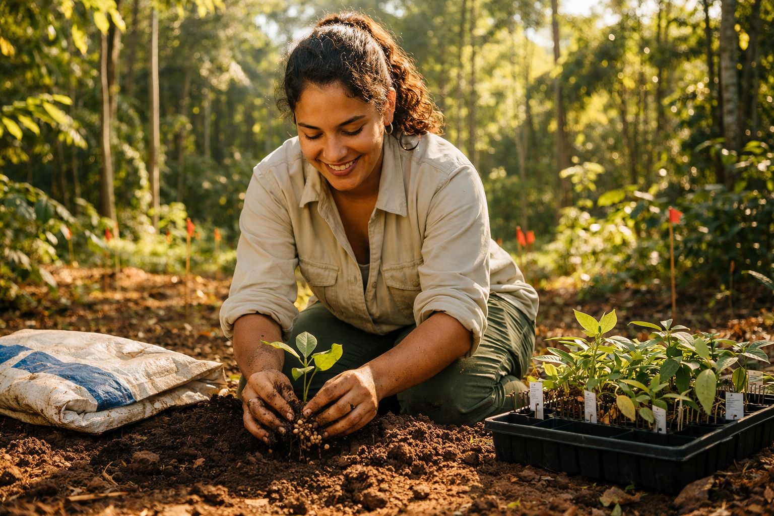 Mulher sorridente plantando muda em solo fértil ao ar livre em área de reflorestamento.