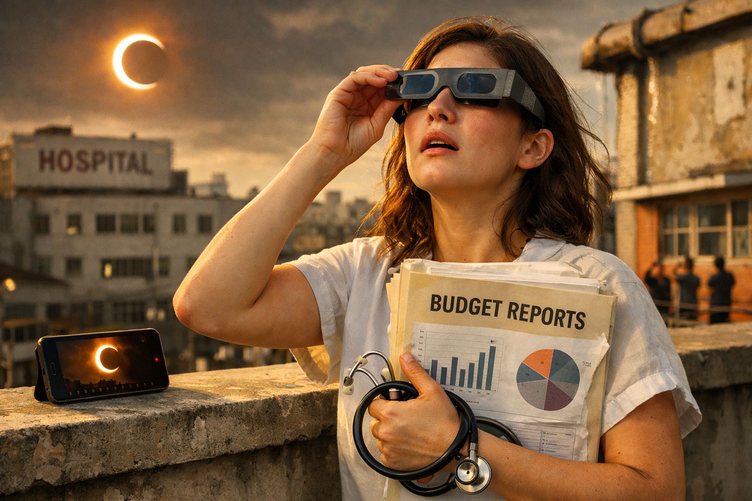 Mulher com óculos especiais observa eclipse solar enquanto segura relatórios de orçamento no terraço.