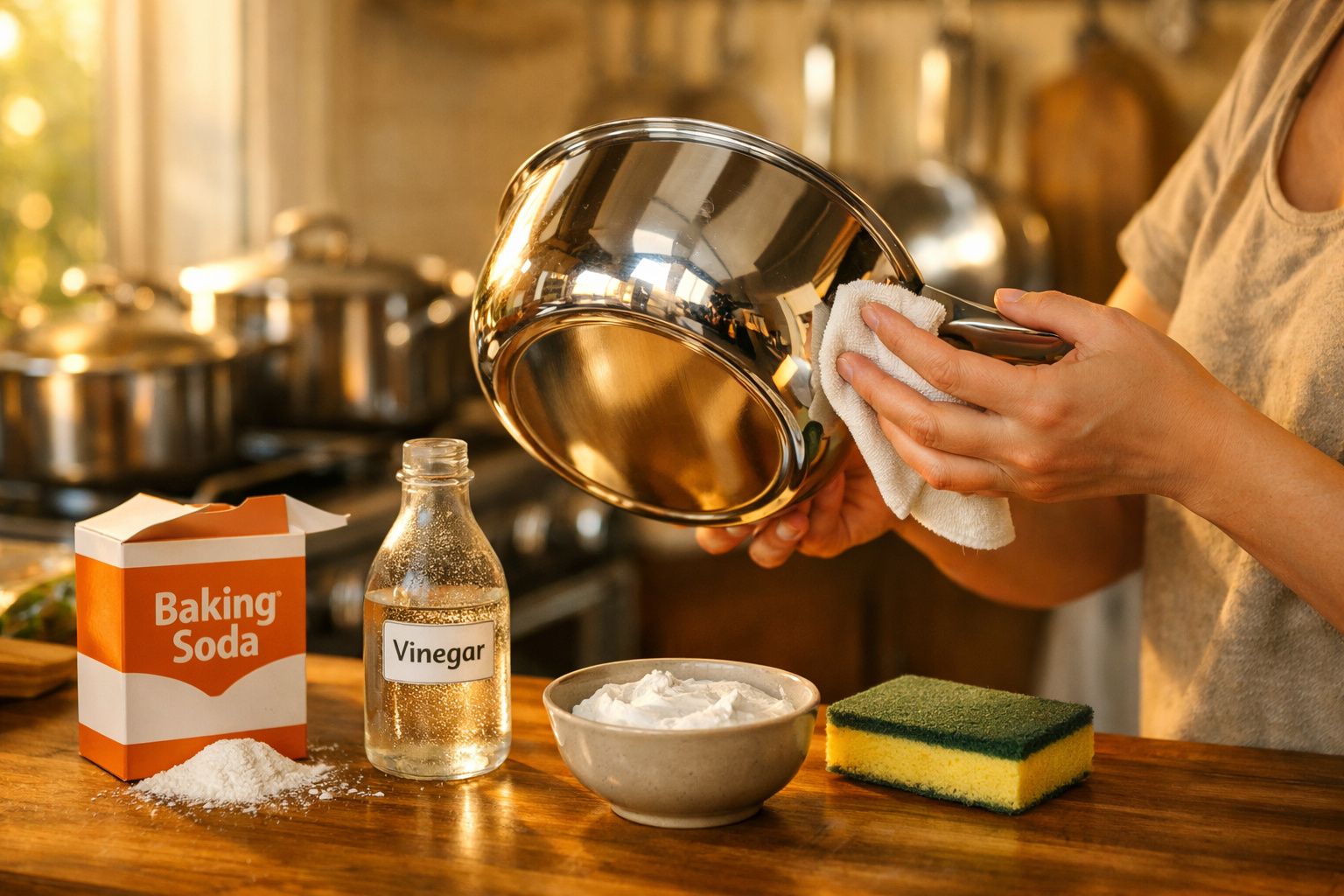 Mãos limpando uma panela de inox com pano, azeite, bicarbonato de sódio, vinagre e esponja sobre mesa de madeira.