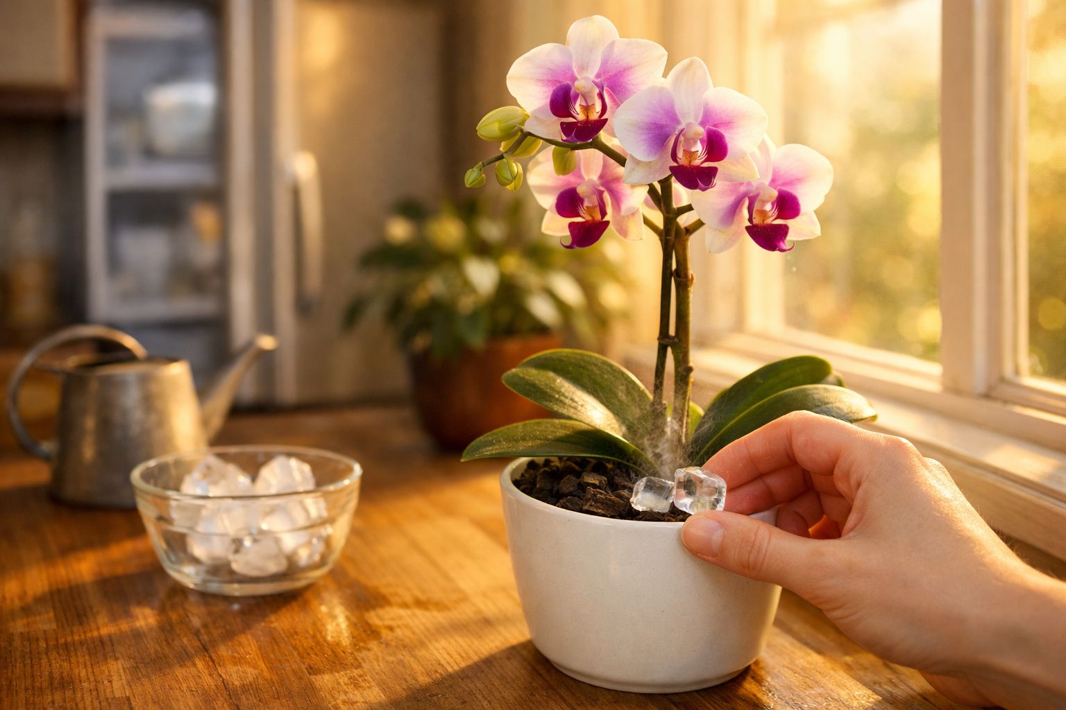Mão colocando cubos de gelo em vaso com orquídea branca e rosa em mesa perto da janela iluminada.