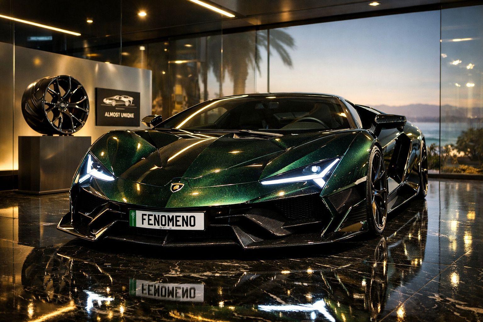 Lamborghini esportivo verde metálico em exposição interna, com iluminação refletida no chão brilhante.