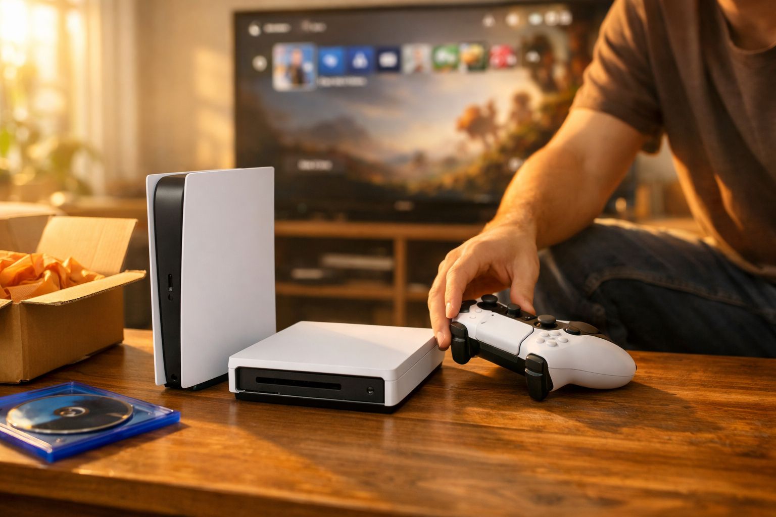 Pessoa segurando controle de videogame ao lado de consoles e disco em estojo sobre mesa de madeira.