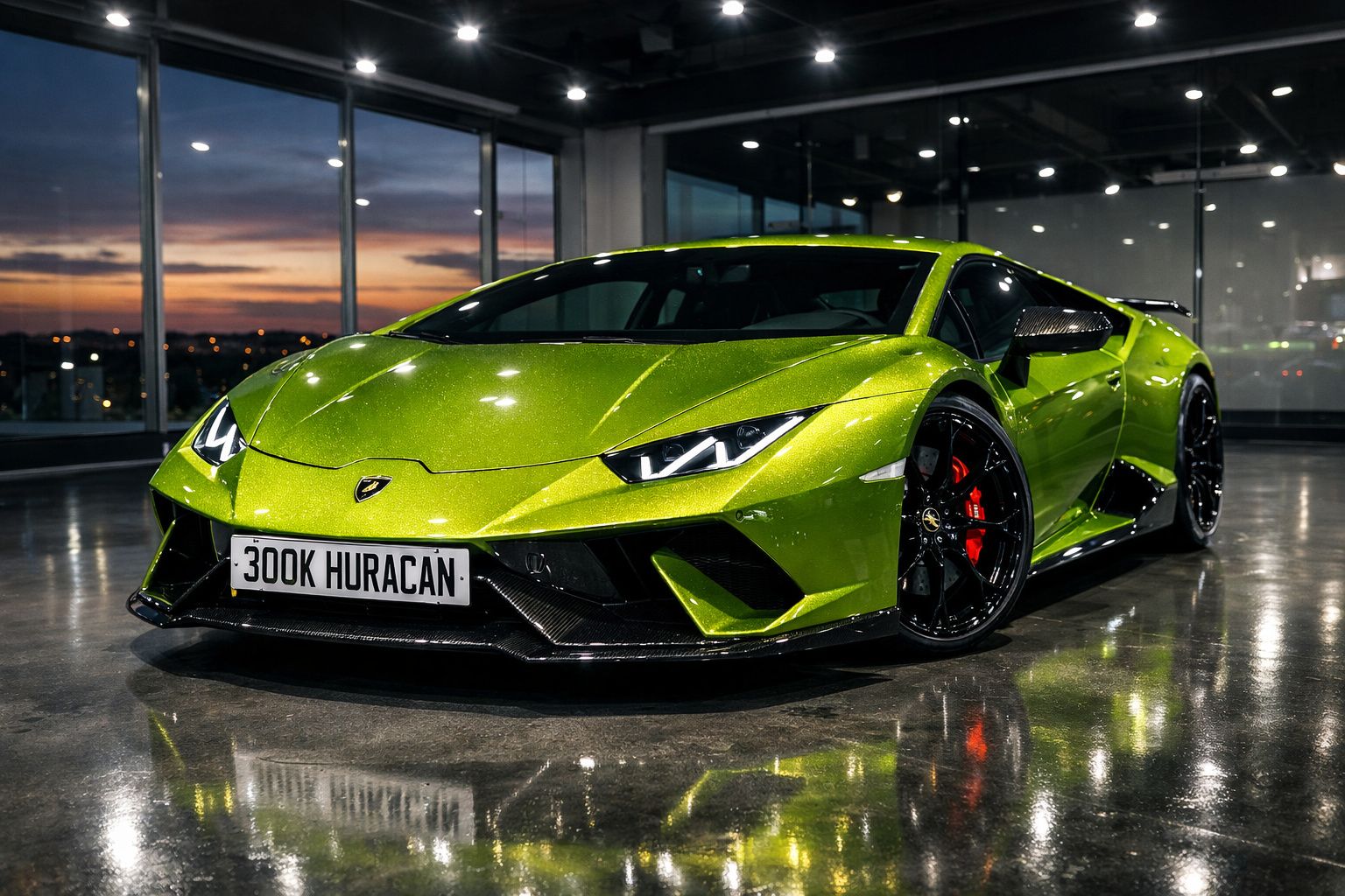 Carro esportivo Lamborghini Huracán verde metálico exibido em ambiente interno com piso refletivo.