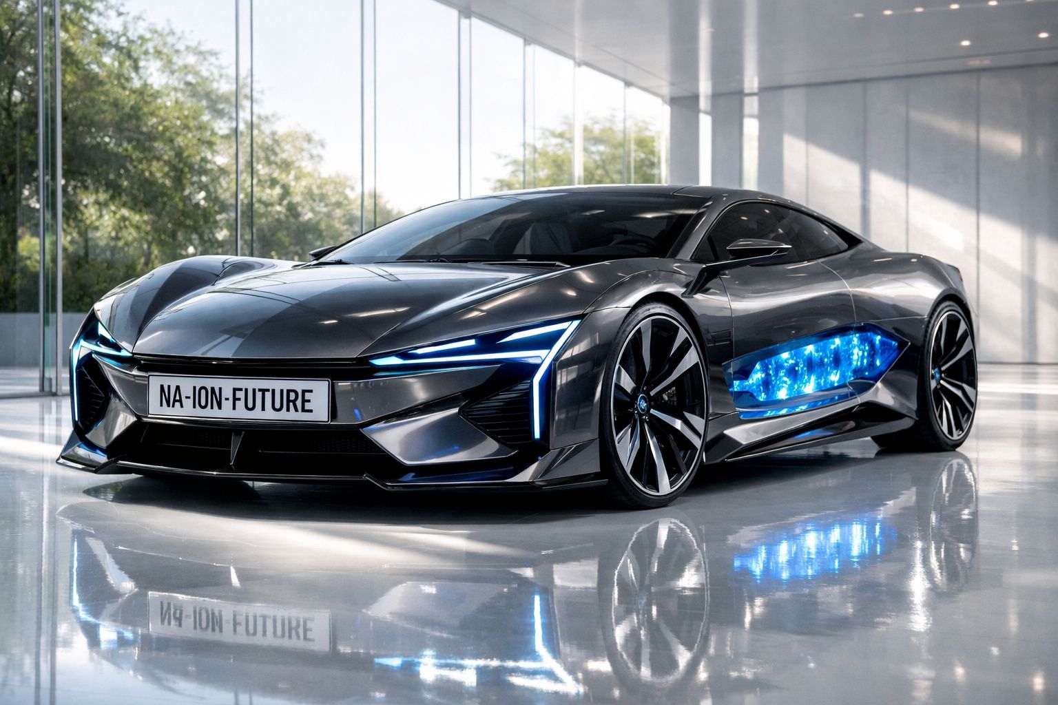 Carro esportivo futurista preto, design aerodinâmico com luzes azuis e iluminação LED detalhada.