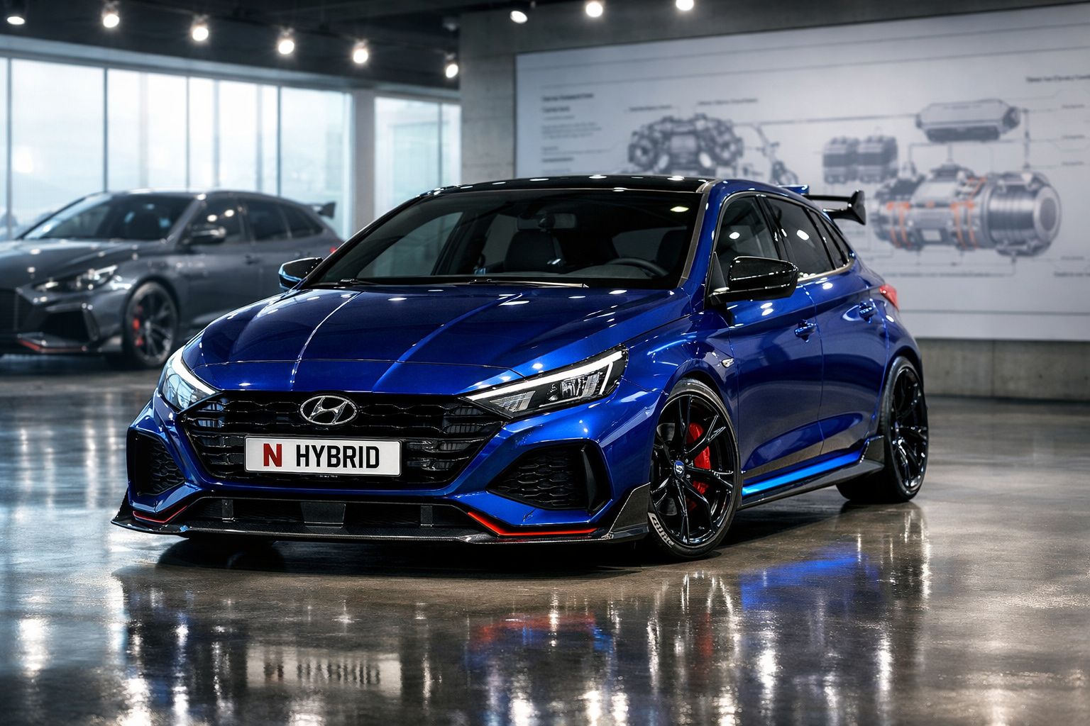 Carro esportivo azul Hyundai N Hybrid estacionado em piso brilhante dentro de showroom moderno.
