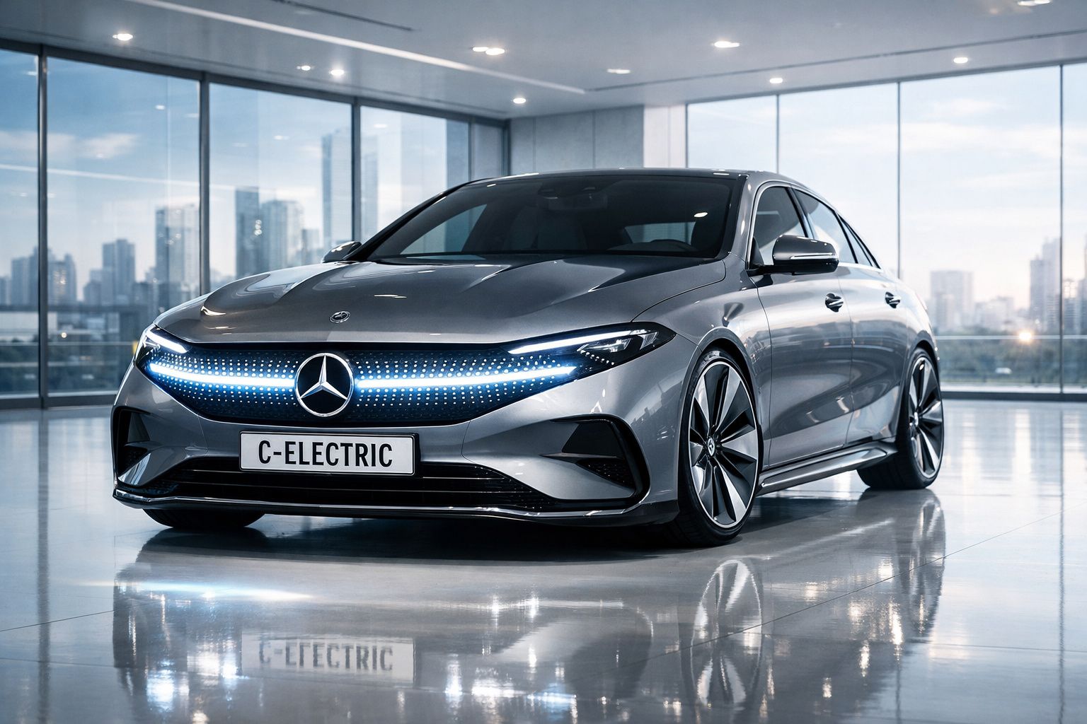 Carro elétrico Mercedes-Benz cinza estacionado em ambiente moderno com iluminação azul na grade frontal.