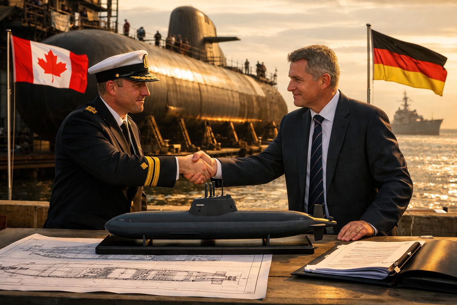 Dois homens apertando as mãos em frente a submarino, com bandeiras do Canadá e Alemanha ao fundo.