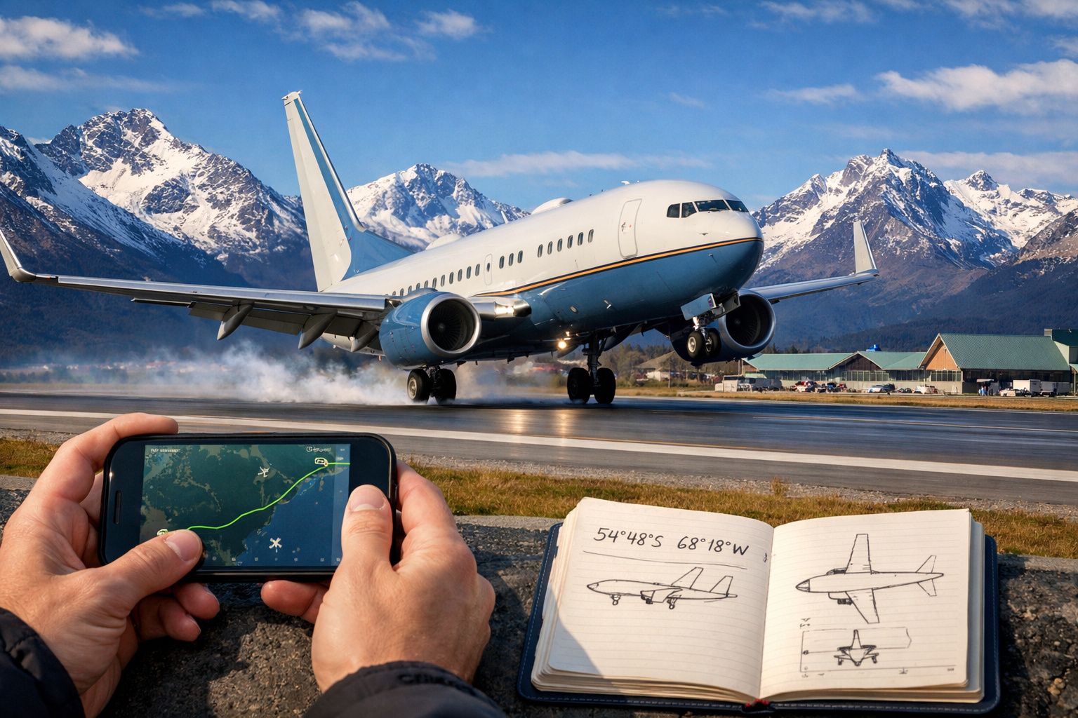 Avião pousando em pista perto de montanhas, com mãos segurando celular e caderno com desenhos de avião.