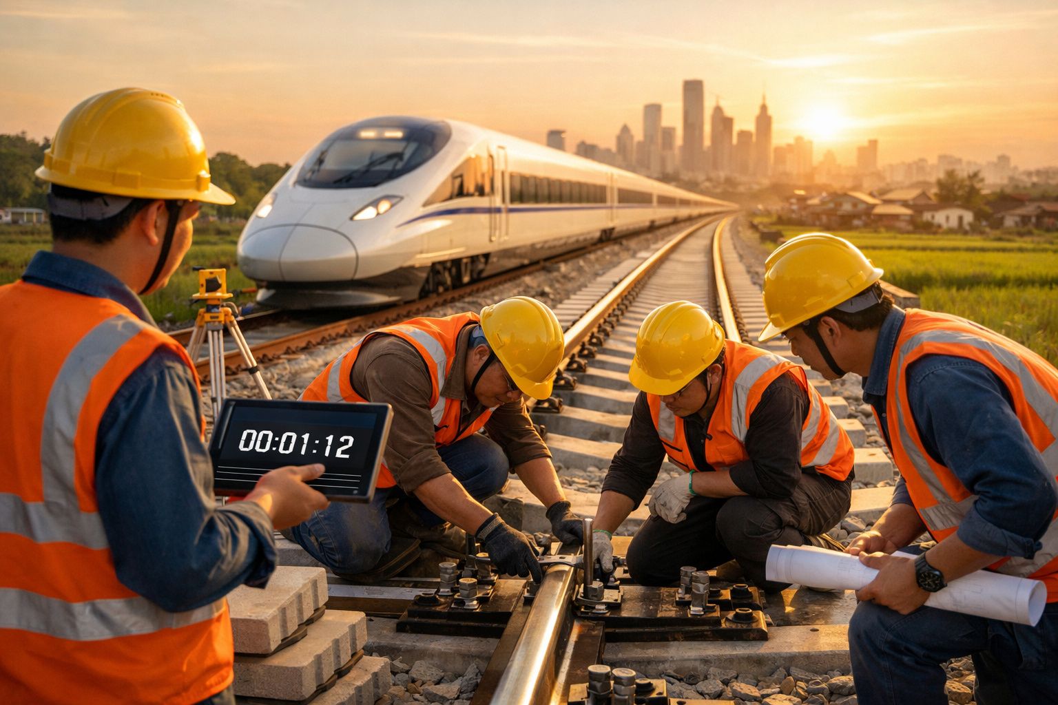 Engenheiros com coletes e capacetes trabalham na manutenção dos trilhos enquanto trem bala passa ao fundo ao pôr do sol.