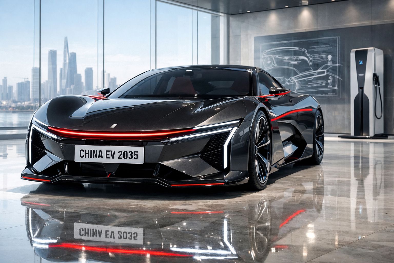 Carro esportivo elétrico preto futurista parado em showroom moderno com vista urbana ao fundo.