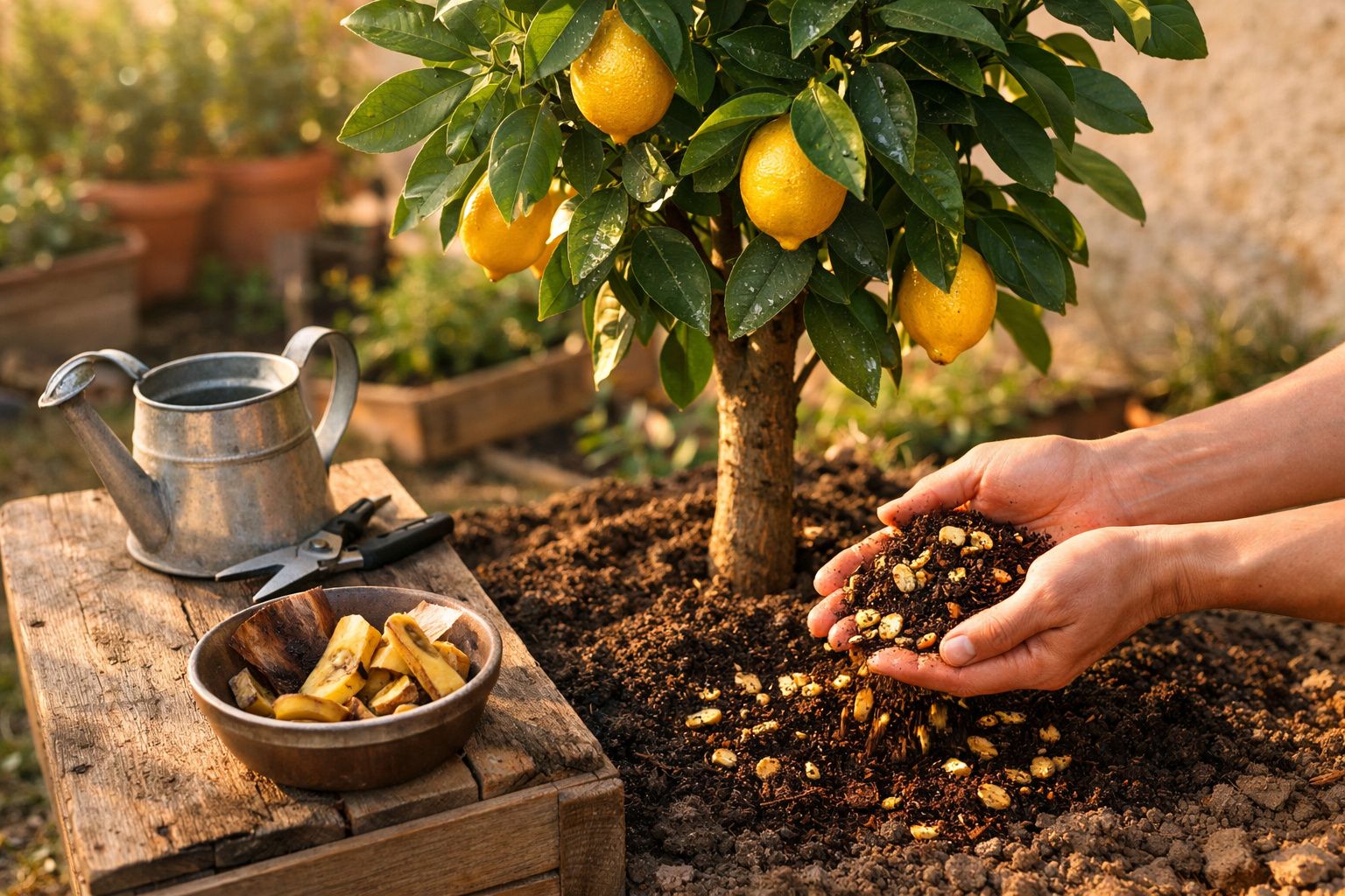 Pessoa adubando árvore de limão com cascas de banana em jardim ensolarado.