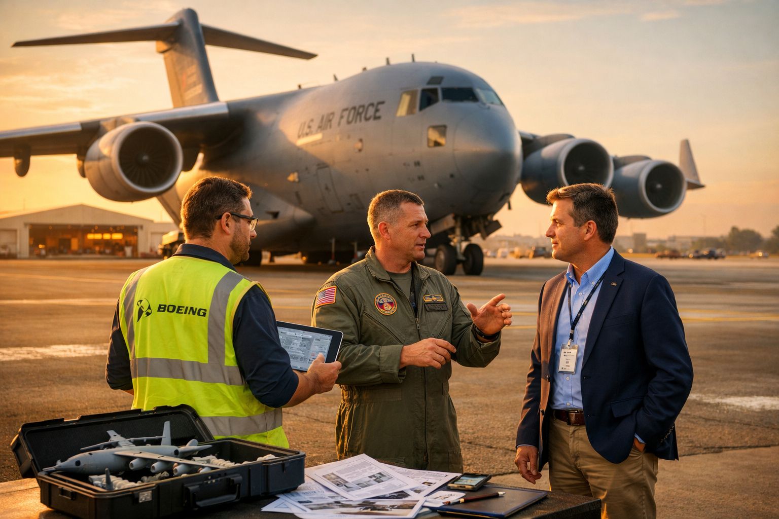 Três homens conversam em aeroporto próximo a avião militar da Força Aérea dos EUA ao pôr do sol.