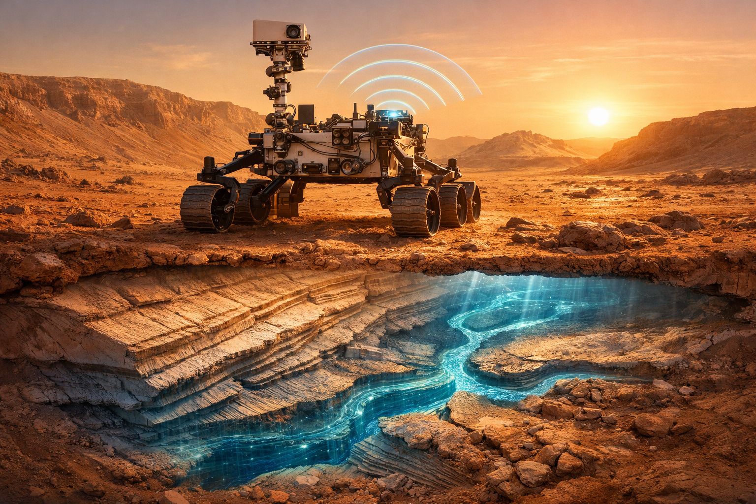 Rover explorando a superfície marciana com rio subterrâneo iluminado sob o solo árido ao pôr do sol.