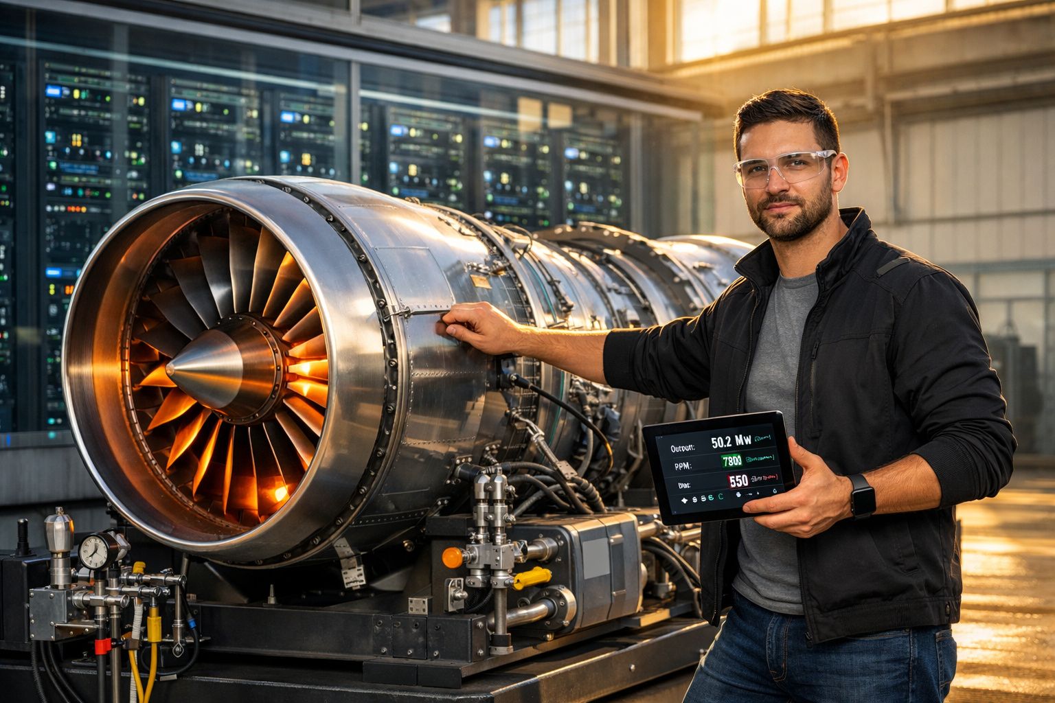 Homem com óculos de segurança segurando tablet ao lado de motor a jato industrial em ambiente técnico.