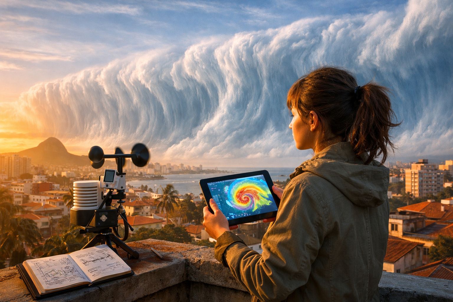 Mulher monitora furacão em tablet enquanto observa nuvem de tempestade sobre cidade ao entardecer.