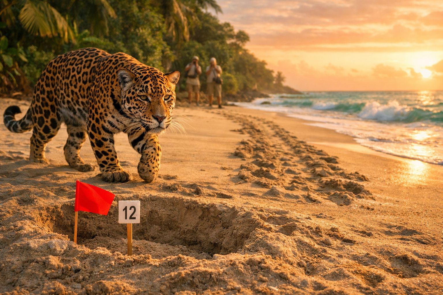Onça-pintada caminhando na praia próxima a um ninho marcado com bandeira vermelha ao pôr do sol.