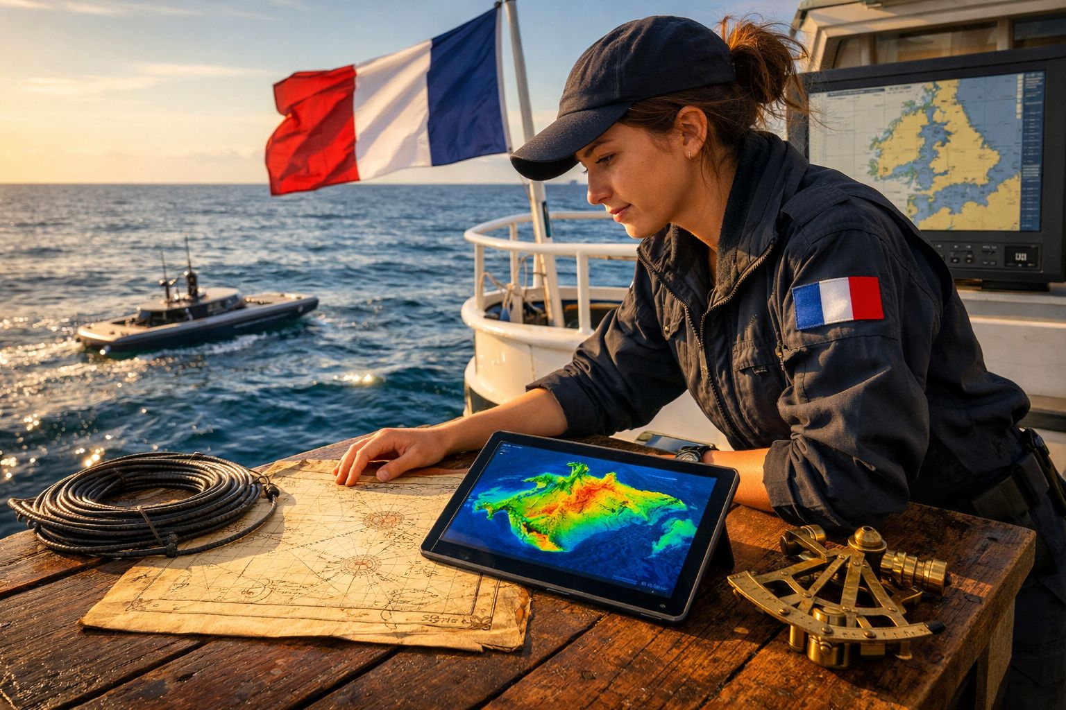 Marinheira francesa observa mapas náuticos e tablet com relevo submarino a bordo de um navio ao pôr do sol.