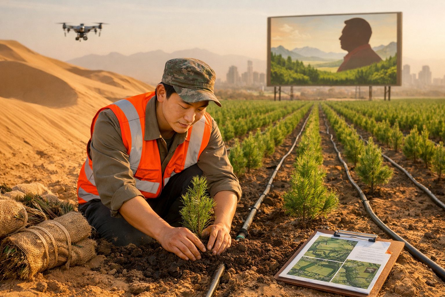 Homem em colete laranja planta muda em horta irrigada, drone voando e grande telão ao fundo.
