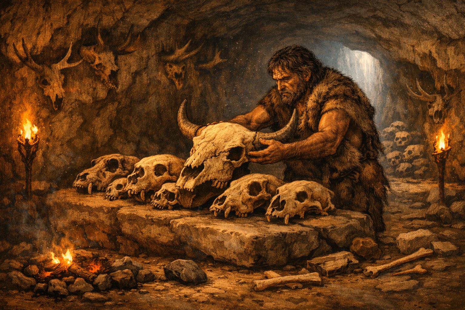 Homem pré-histórico em caverna, vestindo pele, segurando crânio de animal com chifres em altar de pedra.