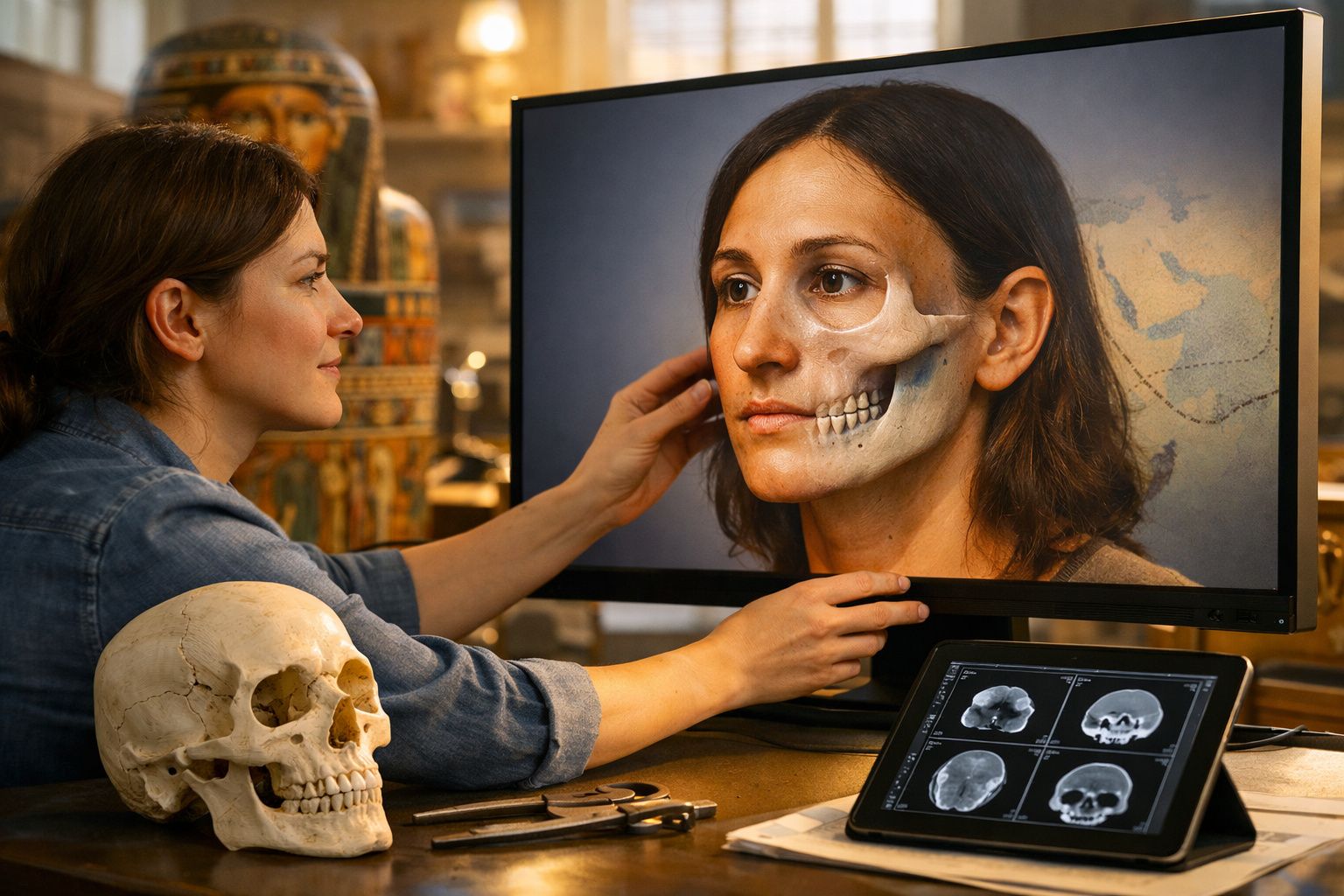 Mulher analisando imagens de radiografia craniana em computador, com crânio humano ao lado.