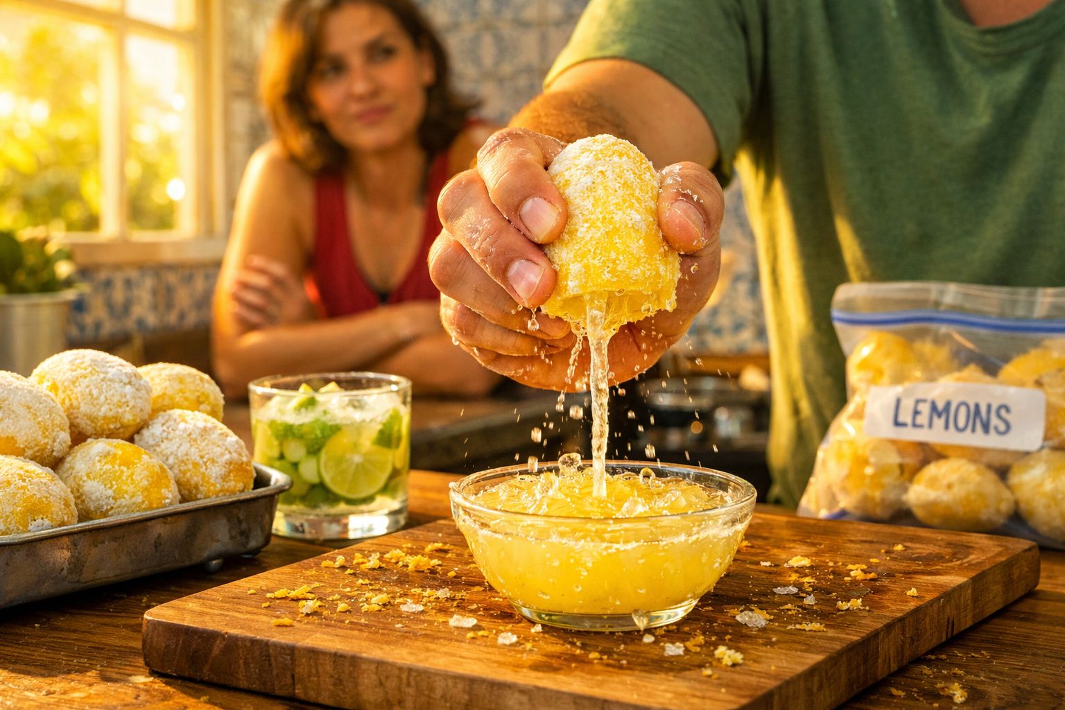 Pessoa espremendo limão sobre recipente com suco, mulher observa ao fundo em cozinha iluminada.