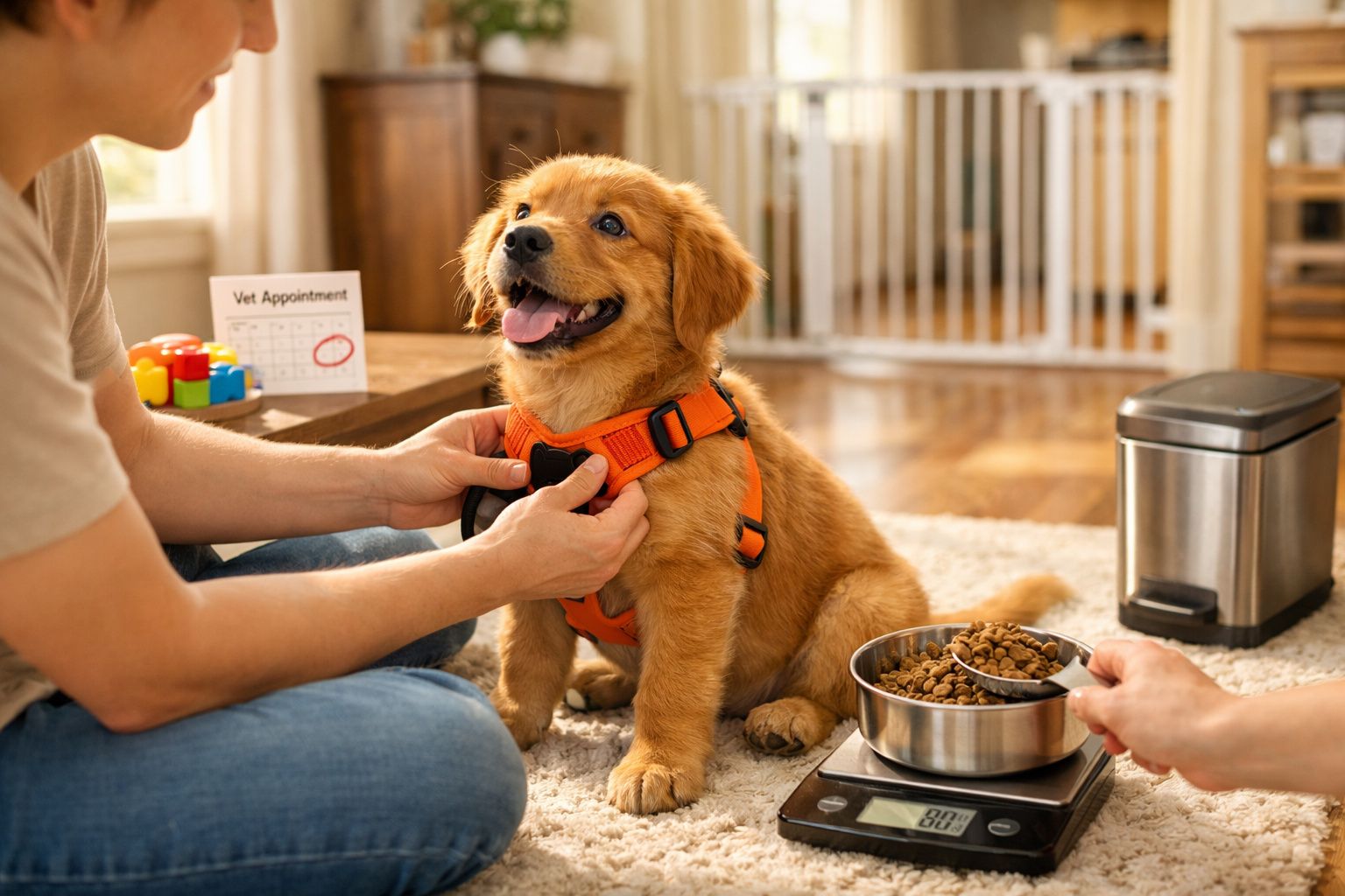 Pessoa ajusta coleira em filhote de golden retriever enquanto outro mede ração em balança digital.