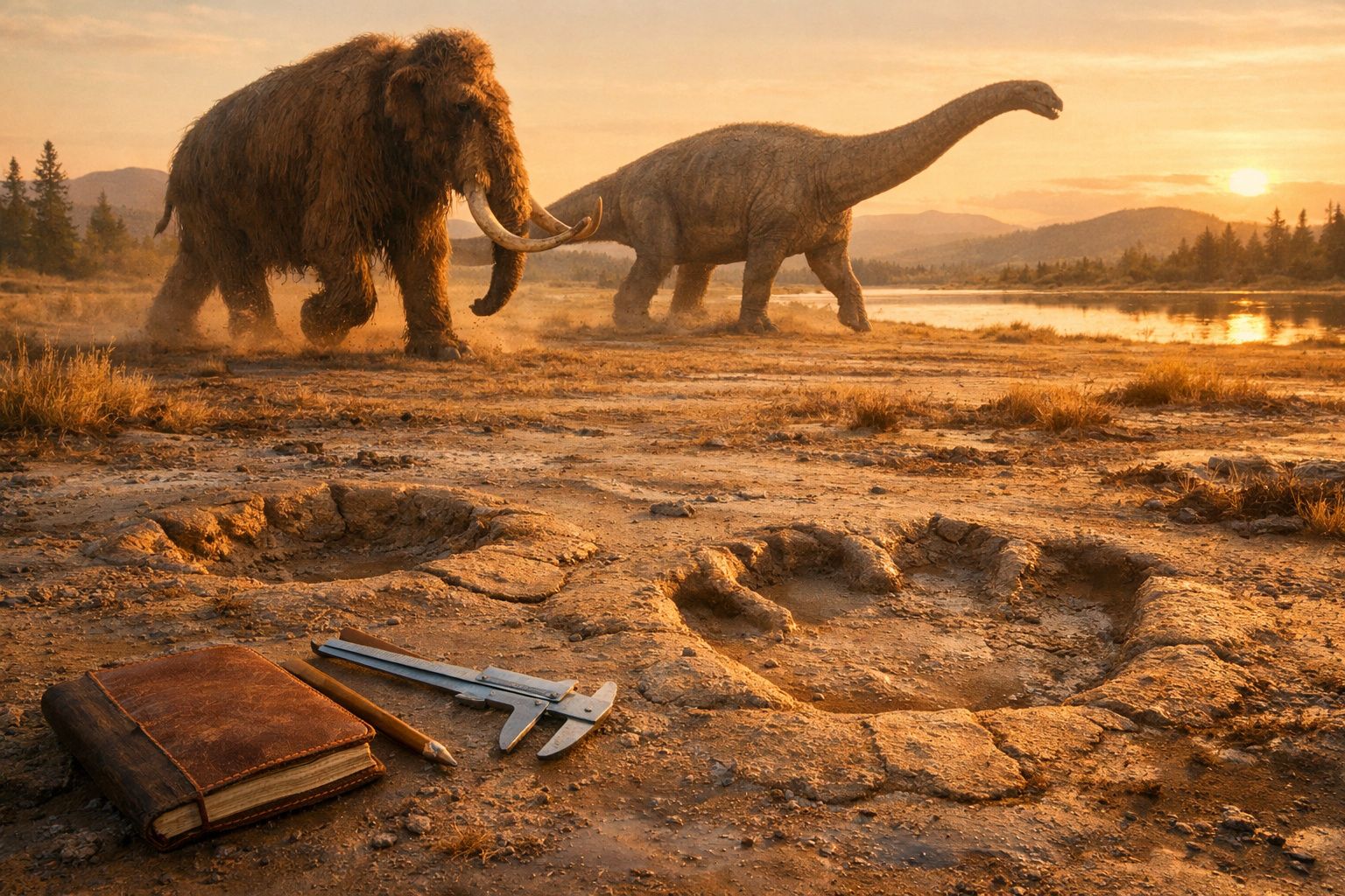 Pegadas fósseis na terra com um livro, régua e lápis, com mamute e dinossauro ao fundo ao pôr do sol.