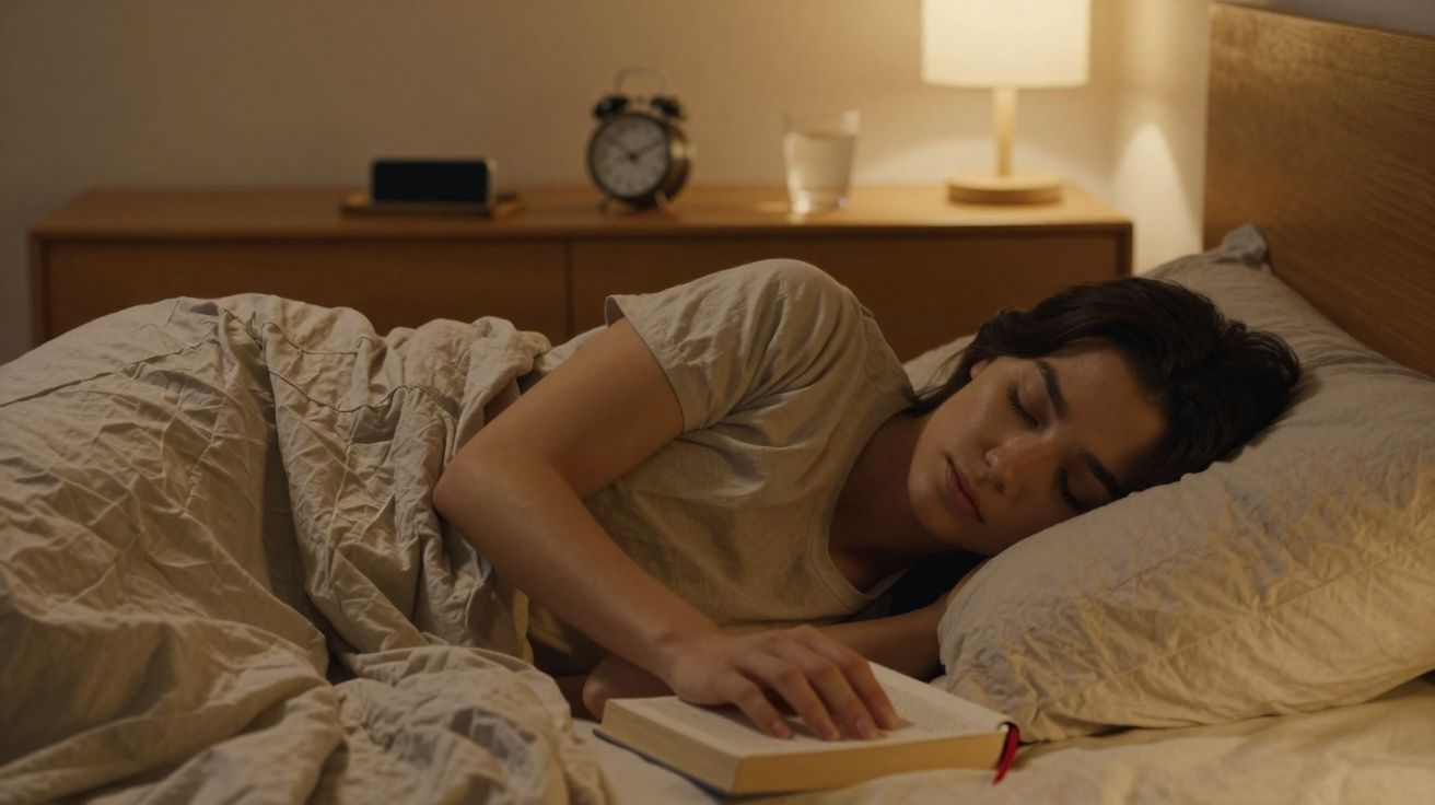 Mulher dormindo na cama abraçada a um livro com luz suave e relógio despertador ao fundo.