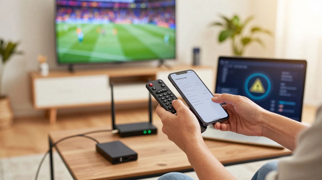 Pessoa segurando smartphone e controle remoto com TV e laptop ao fundo em ambiente doméstico.