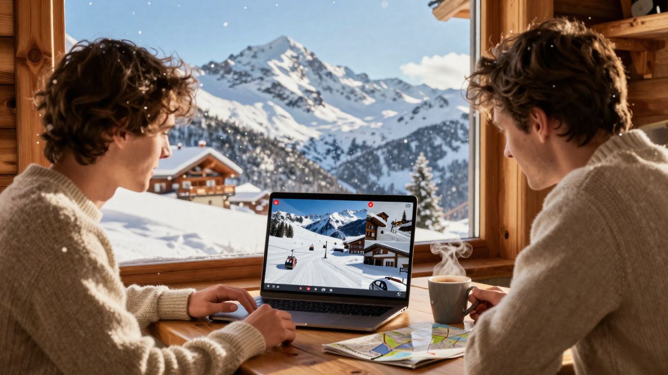 Dois homens em suéteres olhando para um laptop com imagens de montanha nevada, em cabana com vista para montanha.