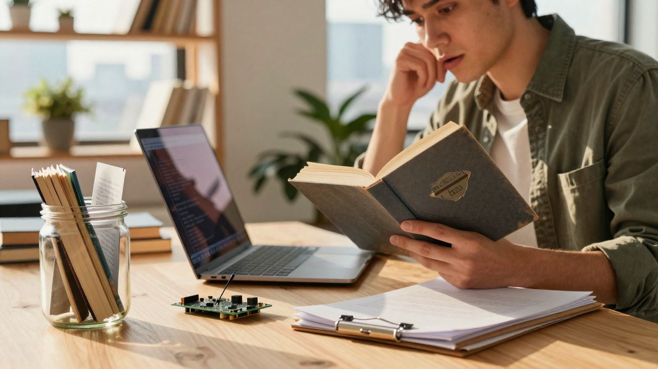 Jovem estudando livro com laptop e materiais de estudo sobre mesa de madeira em ambiente iluminado natural.