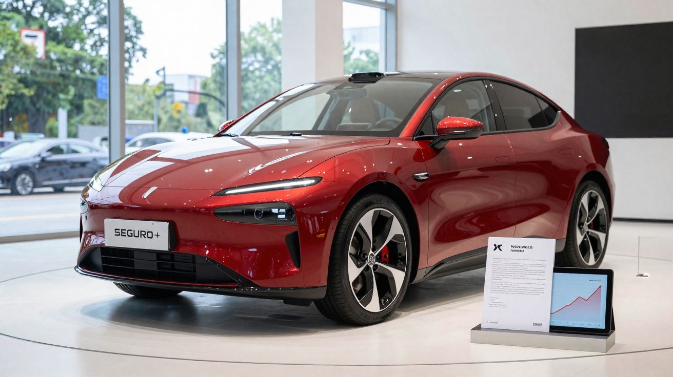 Carro elétrico vermelho moderno exposto em showroom com placa "Seguro+" e tela com gráfico ao lado.