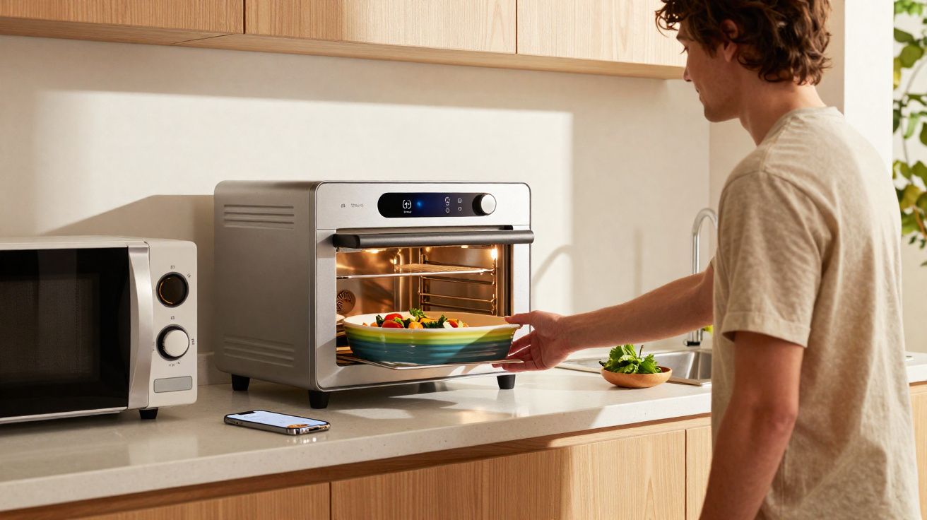 Pessoa colocando prato colorido com legumes em forno elétrico moderno na cozinha clara.