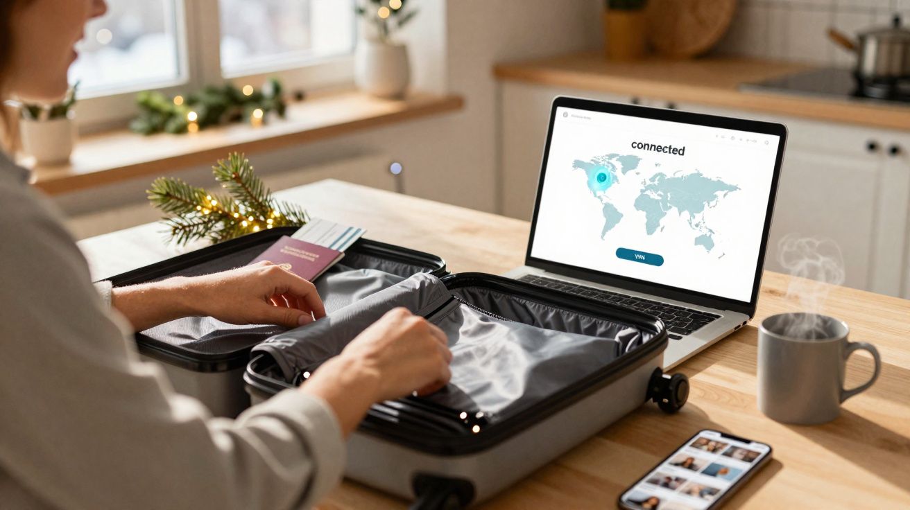 Pessoa arrumando mala ao lado de notebook e celular sobre mesa em cozinha iluminada pela janela.