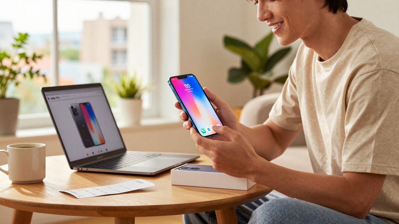 Pessoa sorrindo segura smartphone novo com laptop e xícara sobre mesa em ambiente iluminado.